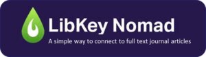A green tear drop on a navy blue background. White text reads LibKey Nomad. One click access to journals and articles